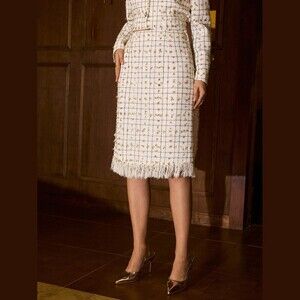 Cream Gold Windowpane Tweed Fringe Hem Knee Length Midi Pencil Skirt